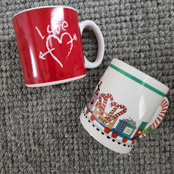 None Other - Love Heart Red Mug and Candy Train White Mug Duo